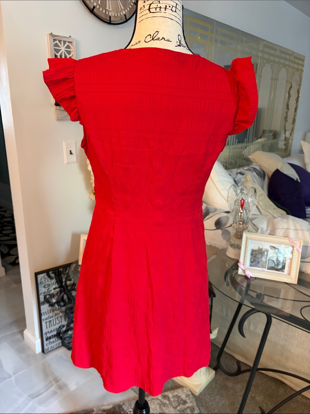 SHEIN Red Ruffle-Sleeve Button-Front Mini Dress - Picture 5 of 7